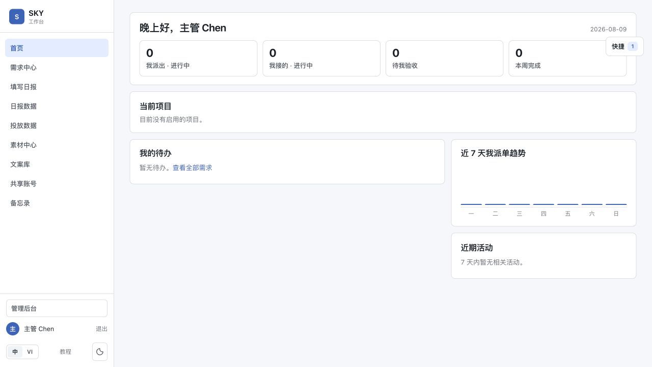 工作台首页,包含顶部概览、我的待办和近期活动